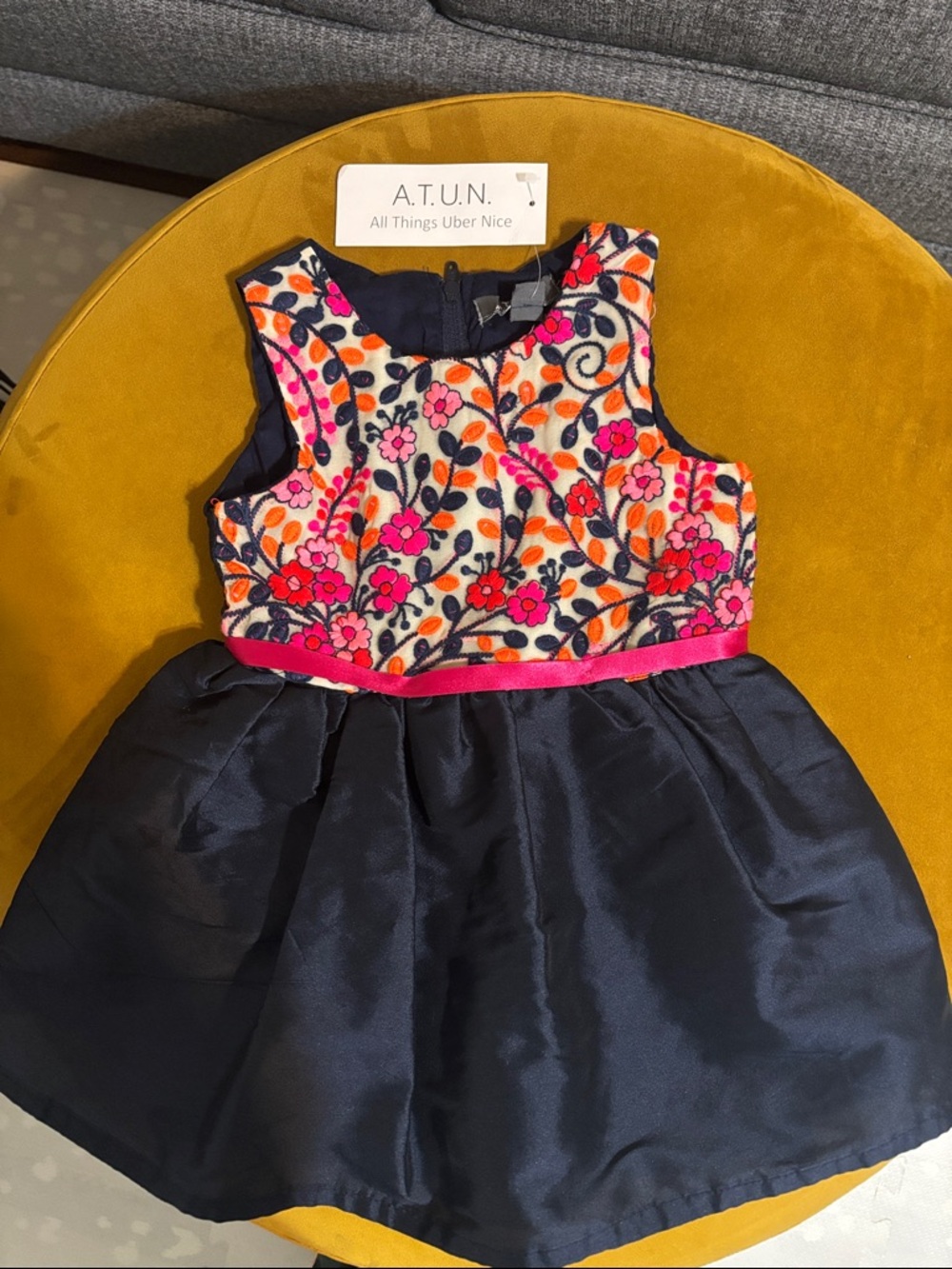 NWT A.T.U.N. Navy Skirt Floral Embroidered Bodice Toddler Dress, Age 1-2 Years